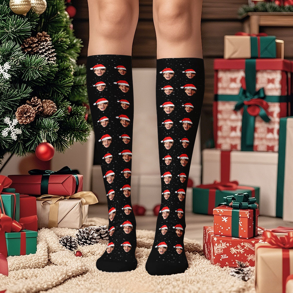 Christmas Gifts Custom Face Knee High Socks Personalized Xmas Socks Merry Christmas Blue - MyFaceSocksAU