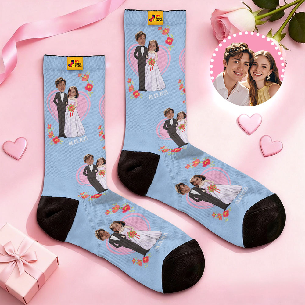 Custom Wedding Theme Black Face Socks Personalized Couple Name Valentine Day Socks with Photo Cute Couple Gift - MyFaceSocksAU
