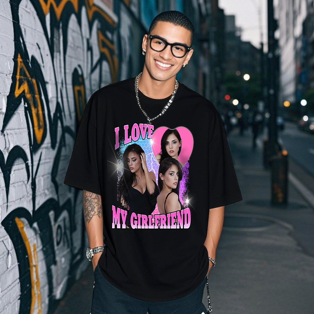 Custom Photo Tee Personalized Photo T Shirt I LOVE MY GIRLFRIEND Heart Couple Anniversary Valentine Gift - MyFaceSocksAU
