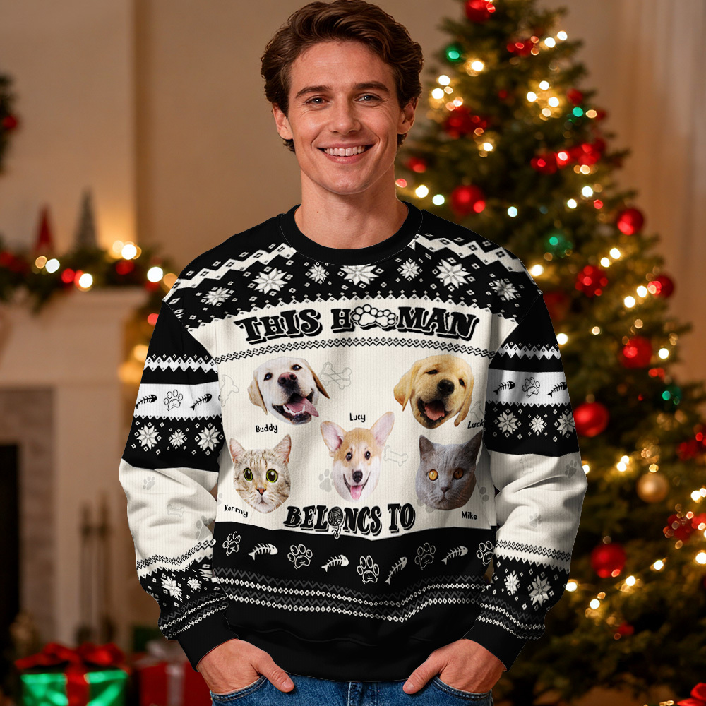 Custom Face Round Neck Hoodie Personalized Custom Photo Black Christmas Gifts For Family Cute Pet Face Sweater Xmas Leds Unisex Hoodies - MyFaceSocksAU