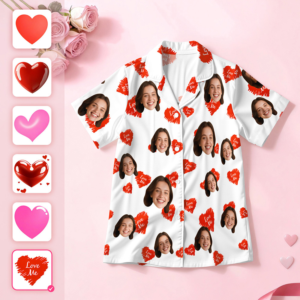 Custom Face Short Sleeve Pajamas Personalised Heart Face Couple Sleepwear Valentine Love Gifts For Her - MyFaceSocksAU