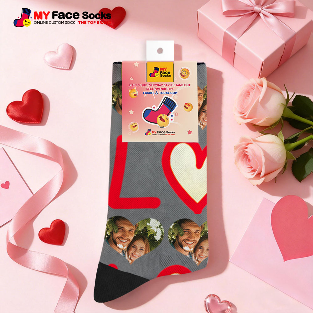 Custom Blue Heart Face Socks Personalized Valentine Day Socks with Photo Cute Heart Pattern Couple Gift - MyFaceSocksAU