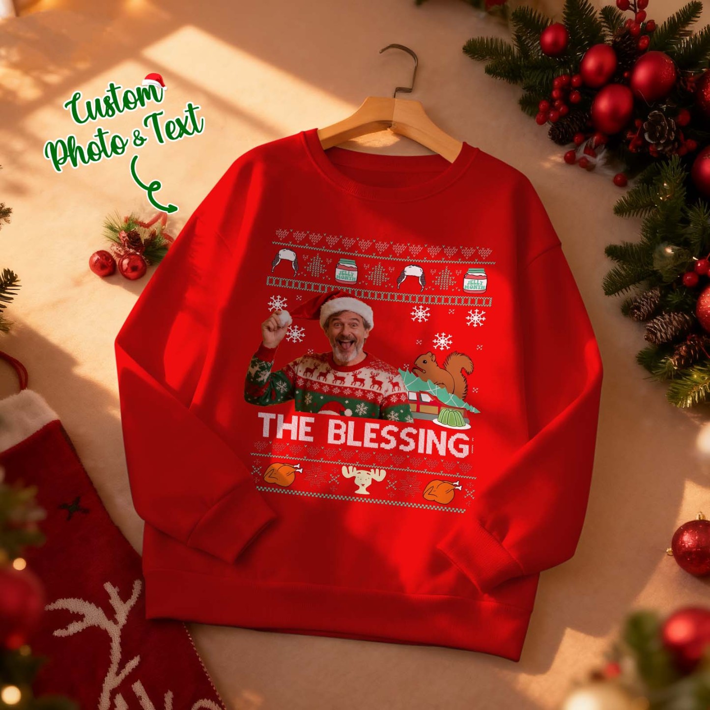 Custom Face Round Neck Hoodie Custom Face The Blessing Christmas Sweatshirt Memory Gift - MyFaceSocksAU