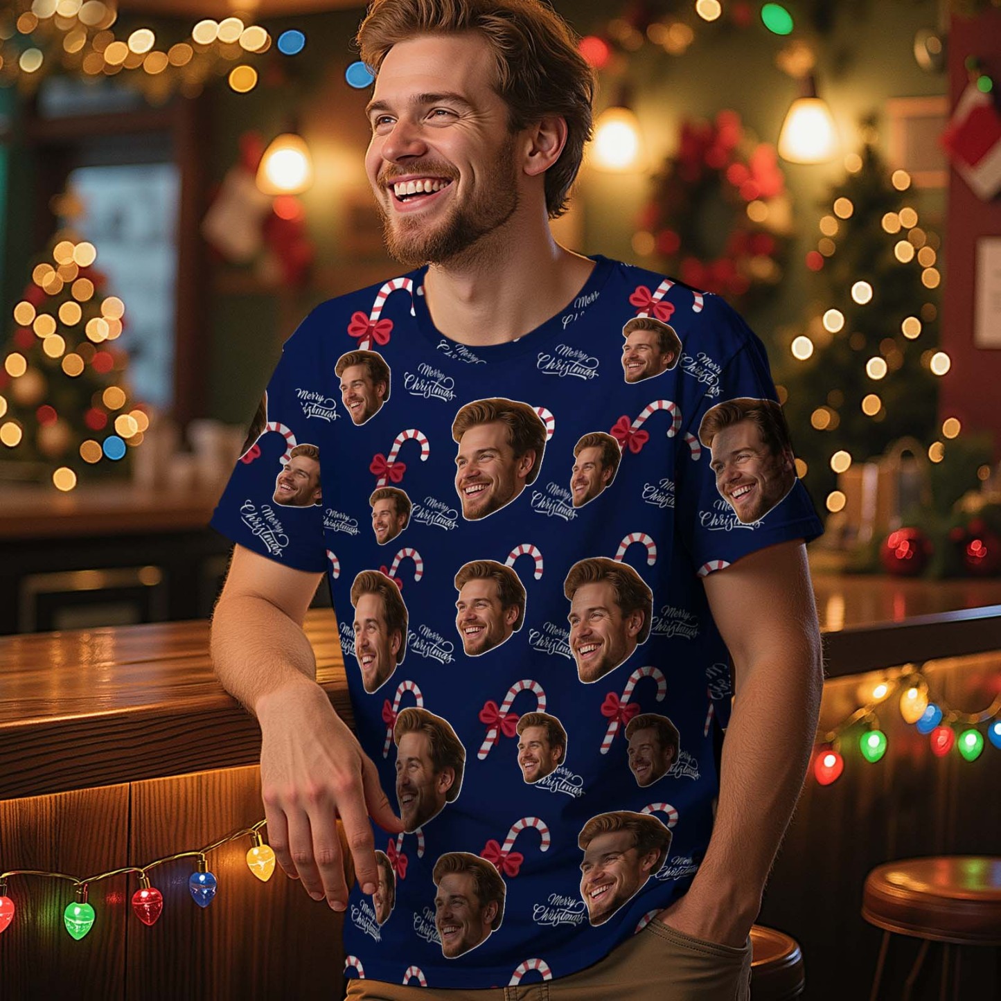 Custom Christmas T-Shirt with Photo Red Snowflakes Santa Claus Personalized Holiday Tee for Family Friends Couples Christmas Gift - MyFaceSocksAU