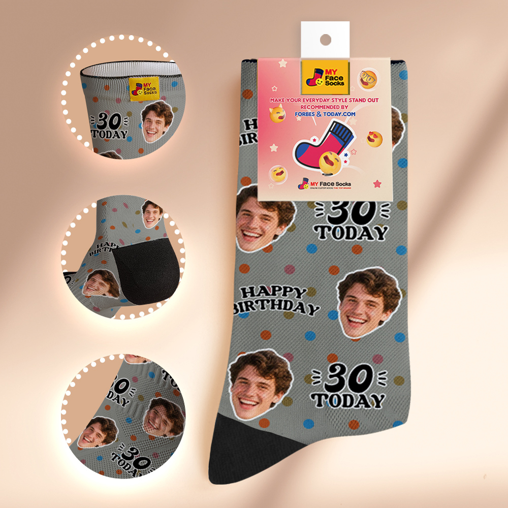 Custom Face Socks Gray Birthday Socks Personalized Birthday Polka Dot Socks with Faces Photo Funny Gift Photo Birthday Socks - MyFaceSocksAU