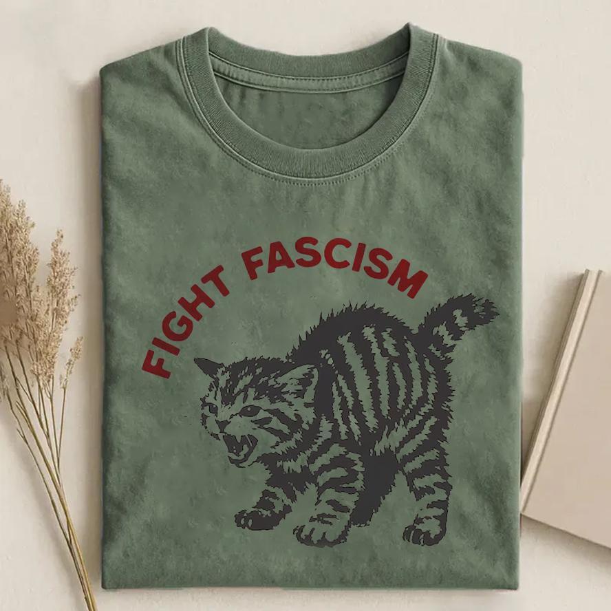 Fight Fascism Tabby Cat T-Shirt – Bold Statement Tee for Activists & Gift Givers This Holiday - MyFaceSocksAU
