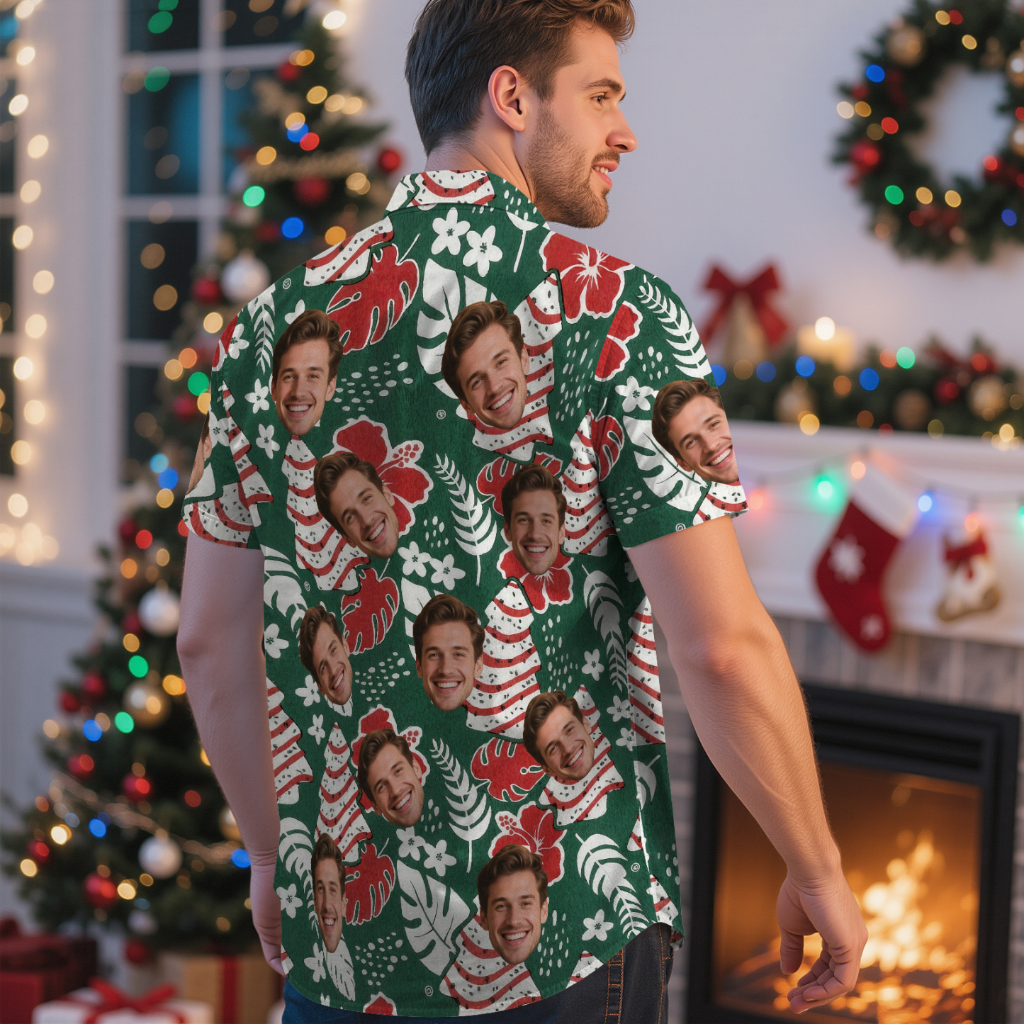 Custom Face Green Tree Hawaiian Shirt Personalized Men Hawaiian Shirt With Face Photo Hawaiian Shirt Aloha Shirt Christmas Gift - MyFaceSocksAU