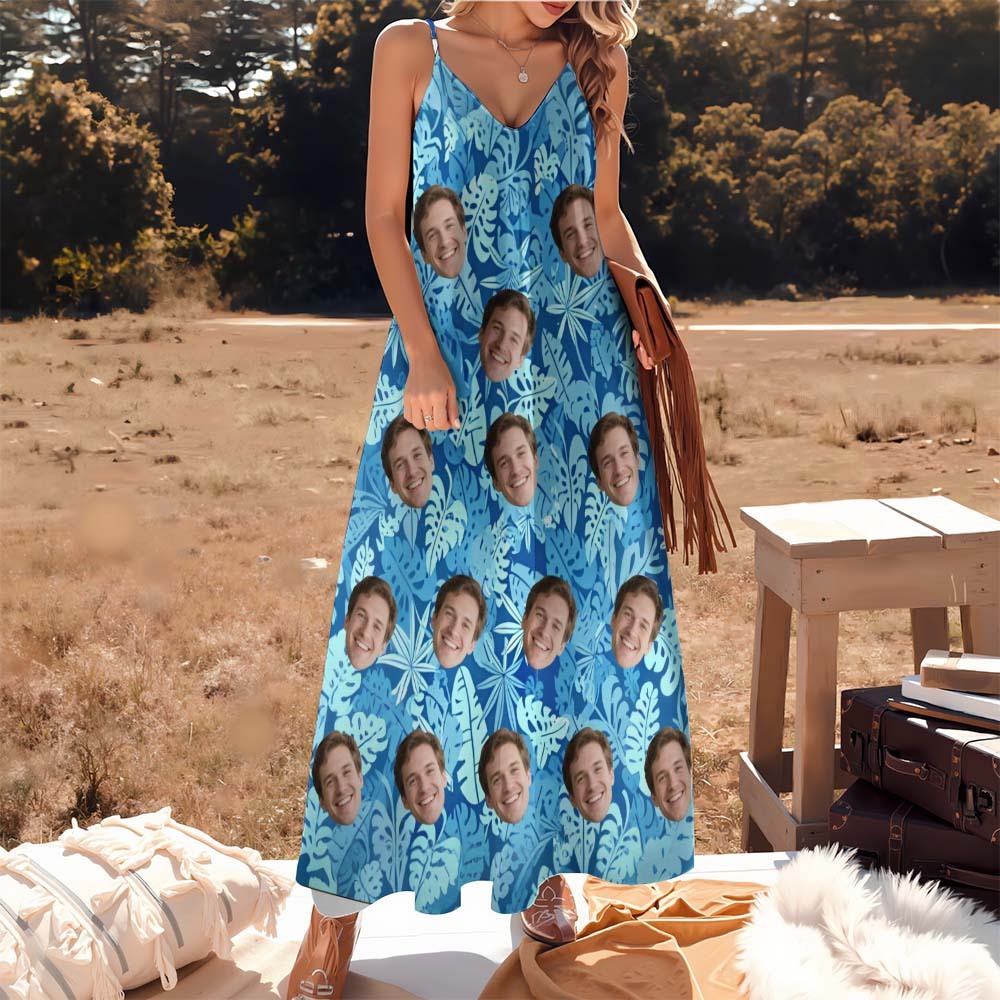Personalized Green FLowers Face Sling Long Dress Custom Face Photo Dress for Women Fun Summer Vacation Gift - MyFaceSocksAU