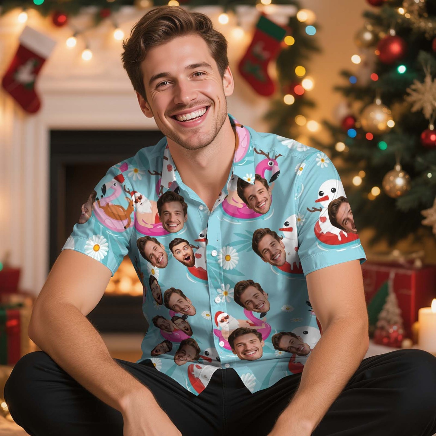 Custom Funny Green Santa Face Shirt Personalized Men Hawaiian Shirt With Face Photo Hawaiian Shirt Aloha Shirt Christmas Gift - MyFaceSocksAU