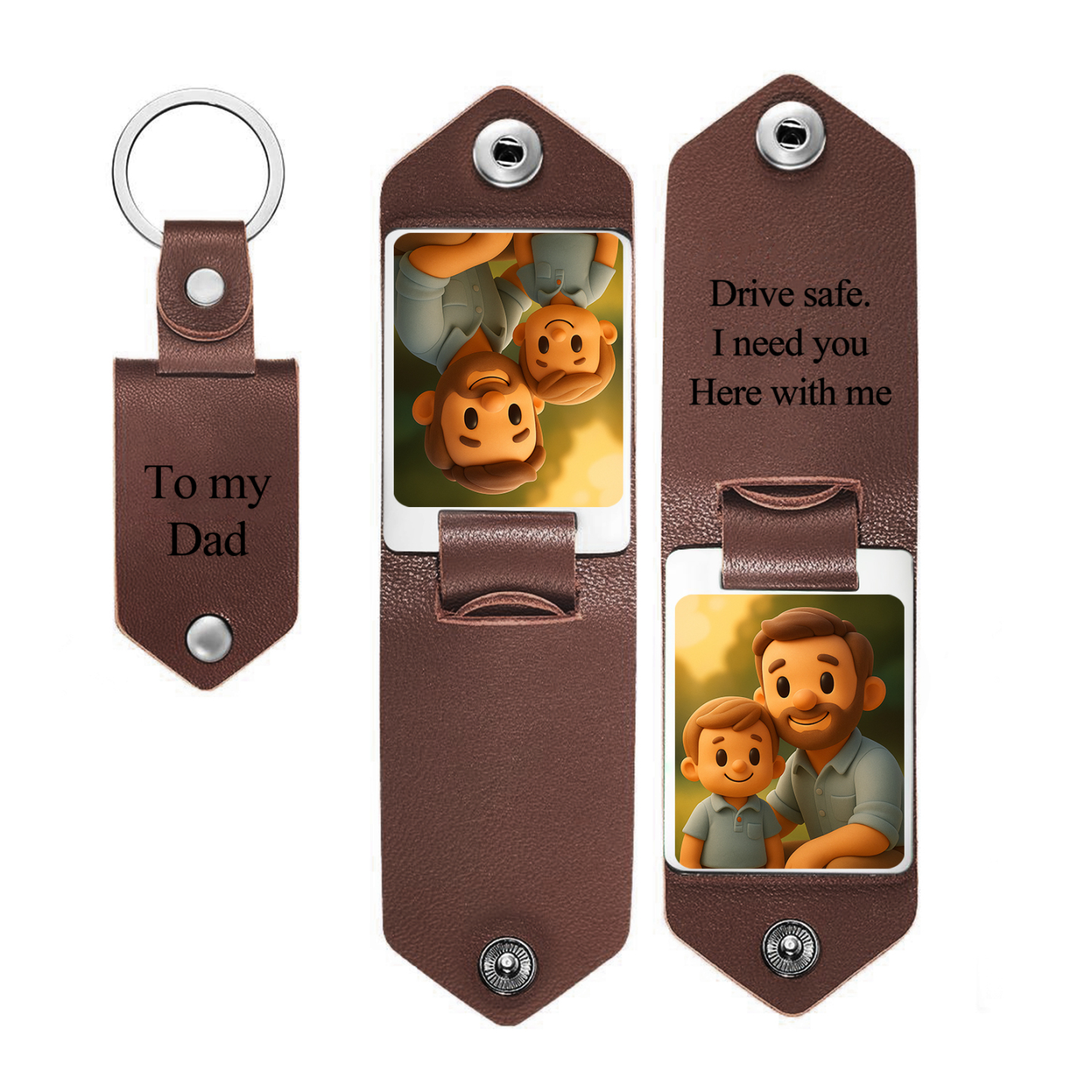 Custom Leather Dad Cartoon Poke Photo Keychain Personalized Engraved Text Commemorative Keychain Fathers Day Gifts - MyFaceSocksAU