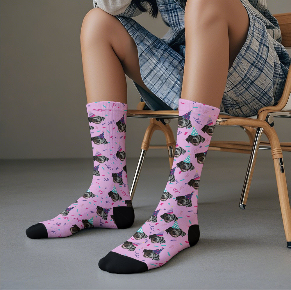 Personalized Face Photo Printed Socks Happy Birthday Hat Pink Socks Personalized Custom Designs Best Gift Idea - MyFaceSocksAU