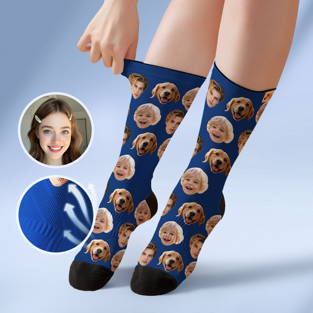 Custom Face Socks Personalized Socks with Faces Photo Blue Funny Gift Photo Family Socks - MyFaceSocksAU