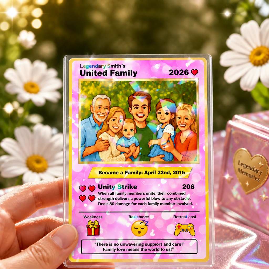 Personalized United Family Card Hologram Style, Personalized Poke Family Card Custom Family Photo Hologram Ornament, Custom Anniversary Card - MyFaceSocksAU