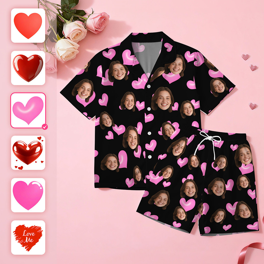 Custom Face Short Sleeve Pajamas Personalised Heart Face Couple Sleepwear Valentine Love Gifts For Her - MyFaceSocksAU