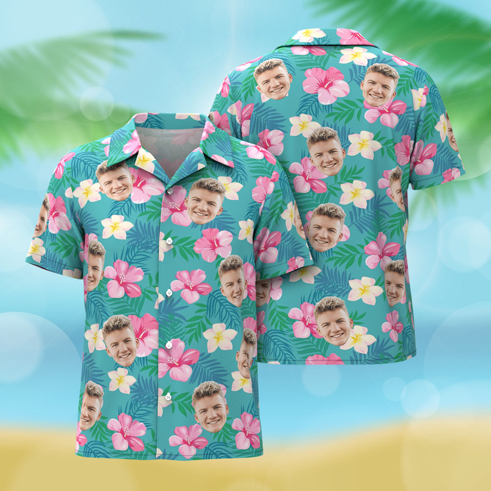 Personalized Men Blue Flower Hawaiian Shirts Face Shirt Hawaii Pattern Shirt Gift for Summer Vibe Holiday - MyFaceSocksAU