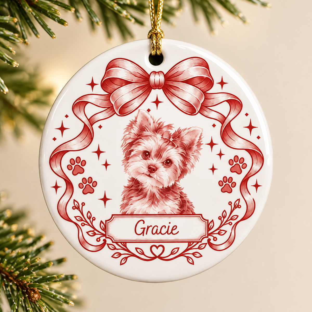 Custom Photo Dog Cat Watercolor Coquette Ceramic Ornament, Personalized Pet Holiday Keepsake - MyFaceSocksAU
