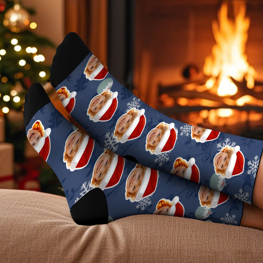 Custom Face Christmas Socks Cute Blue Santa Sokcs Personalized Photo Xmas Socks Gift - MyFaceSocksAU