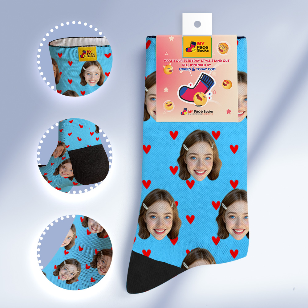 Custom Heart Face Socks Personalized Blue Socks with Faces Photo Funny Gift Photo Couple Family Socks