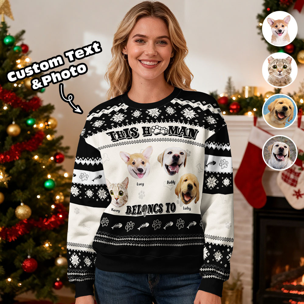 Custom Face Round Neck Hoodie Personalized Custom Photo Black Christmas Gifts For Family Cute Pet Face Sweater Xmas Leds Unisex Hoodies - MyFaceSocksAU