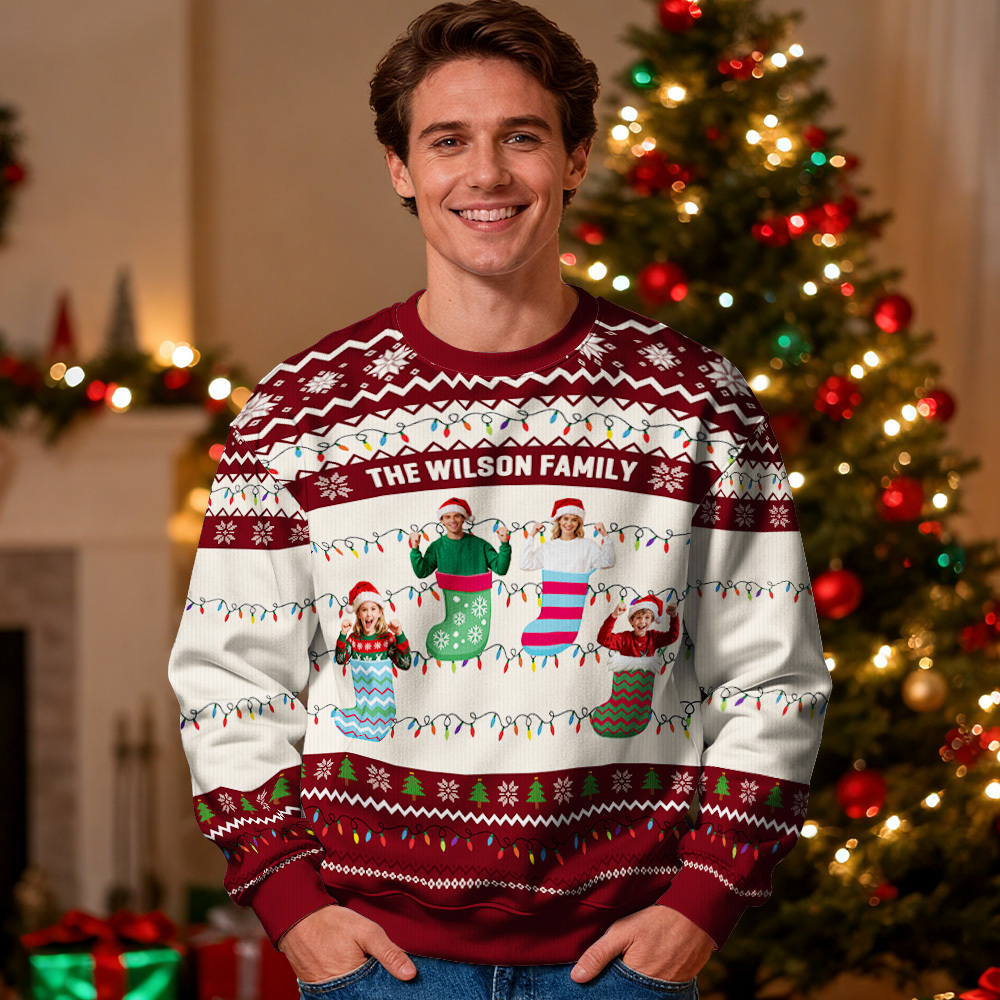 Custom Face Round Neck Hoodie Personalized Custom Photo Christmas Gifts For Family Ugly Sweater Xmas Leds Unisex Hoodies - MyFaceSocksAU