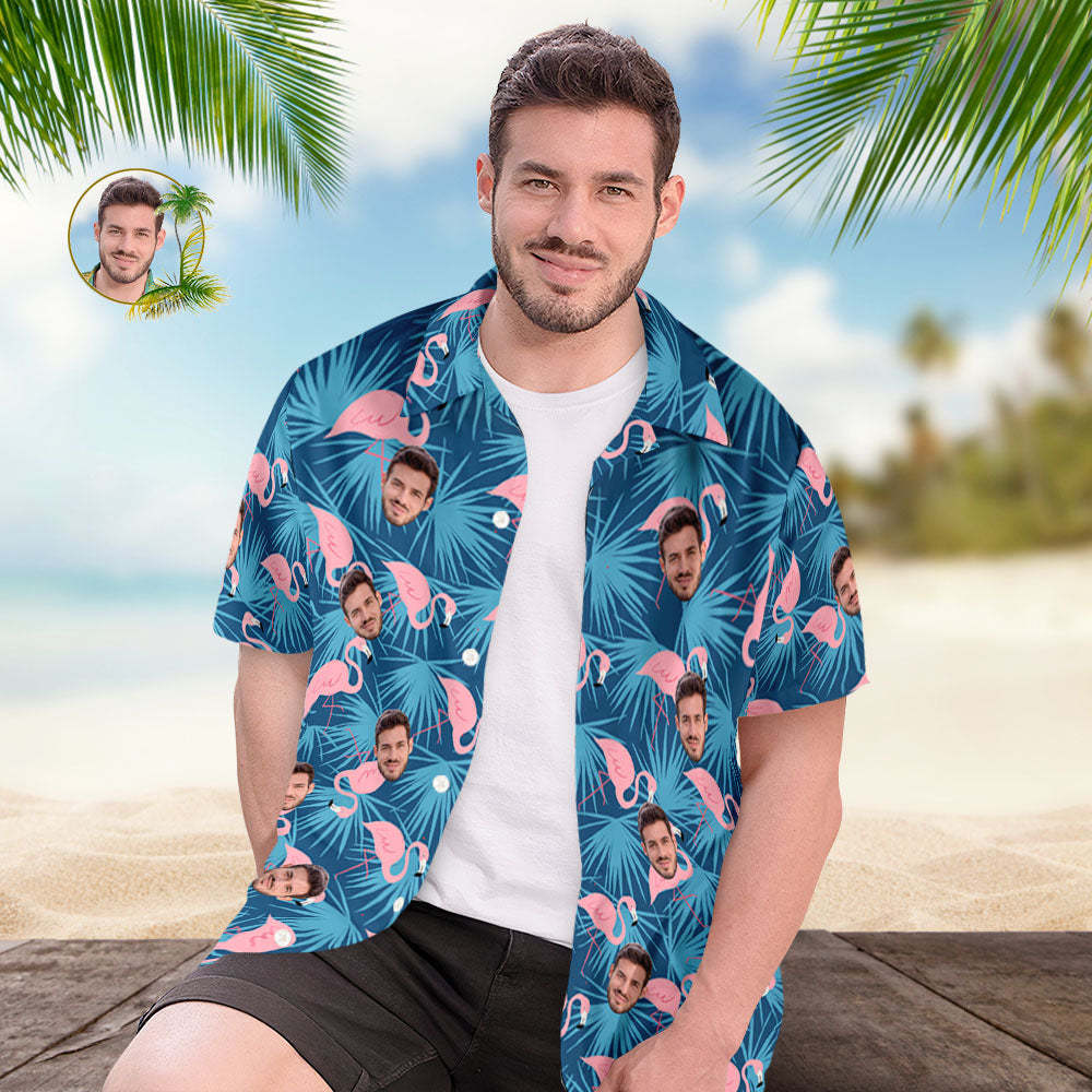 Custom Face Hawaiian Shirts Blue Flamingos Face Hawaiian Shirt - MyFaceSocksAU
