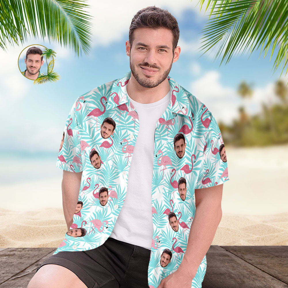 Custom Face Hawaiian Shirts Colorful Light Blue Flamingos Face Hawaiian Shirt - MyFaceSocksAU