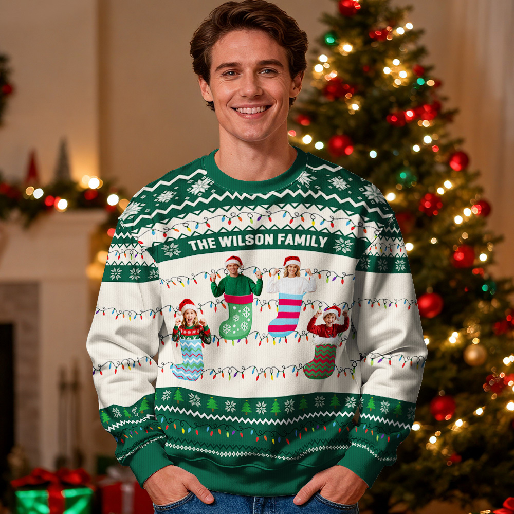 Custom Face Round Neck Hoodie Personalized Custom Photo Christmas Gifts For Family Ugly Sweater Xmas Leds Unisex Hoodies - MyFaceSocksAU