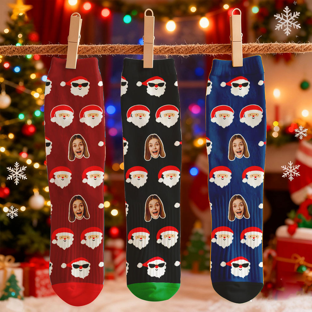 Custom Face Printed Socks Snowflake Santa Claus Face Socks Personalized Custom Designs Best Santa Gift Idea - MyFaceSocksAU