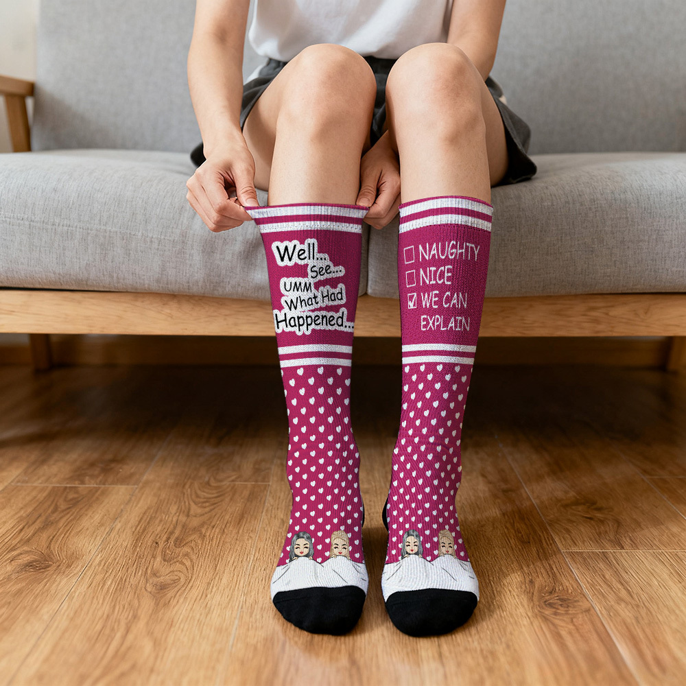 Custom Face Compression Socks Personalized Knee High Socks Purple Cartoon Socks We Can Explain Gift For Couple Lover Valentine's Day Gift - MyFaceSocksAU