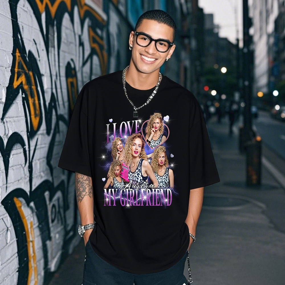 Custom Photo Tee Personalized Photo T Shirt I LOVE MY GIRLFRIEND Heart Couple Anniversary Valentine Gift - MyFaceSocksAU