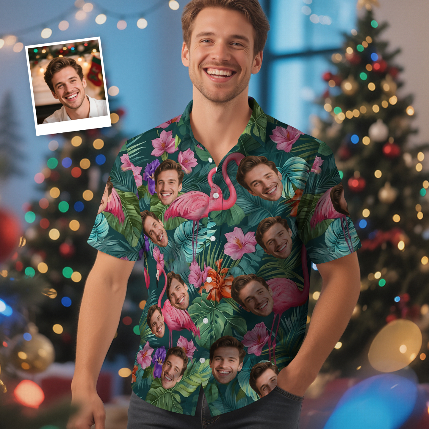 Custom Face Green Tree Hawaiian Shirt Personalized Men Hawaiian Shirt With Face Photo Hawaiian Shirt Aloha Shirt Christmas Gift - MyFaceSocksAU