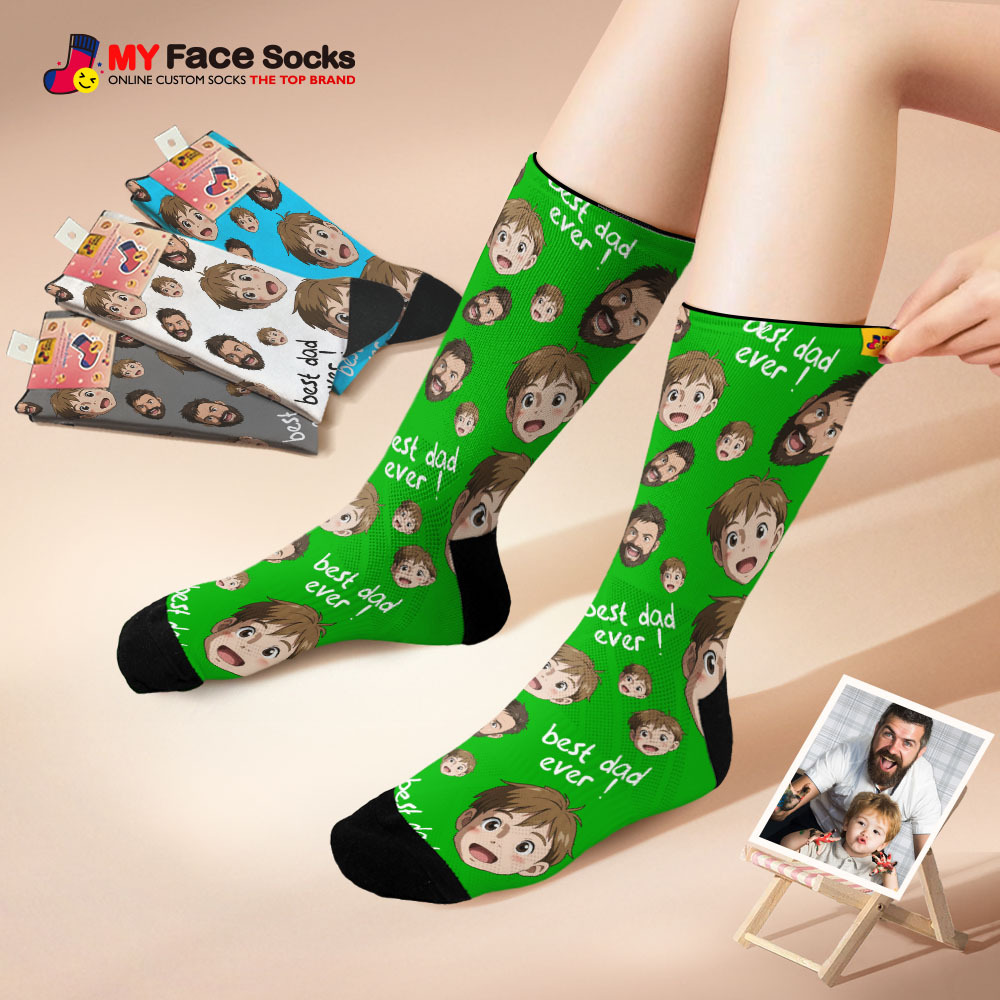 Custom Cartoon Dad Photo Print Socks Colorful Grey Blue Socks Personalized Custom Design Best Fathers Day Gift - MyFaceSocksAU