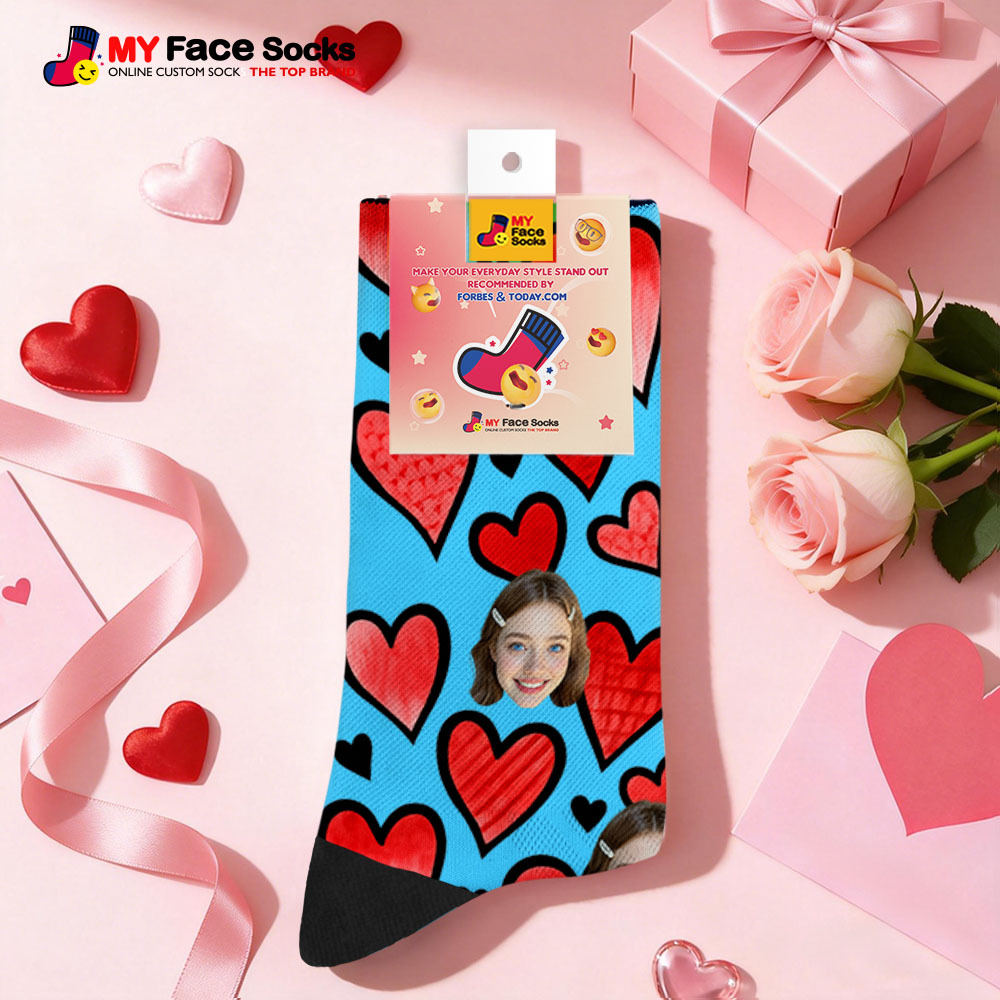 Custom Colorful Face Socks Personalized Valentine Day Socks with Photo Cute Heart Pattern Couple Gift - MyFaceSocksAU