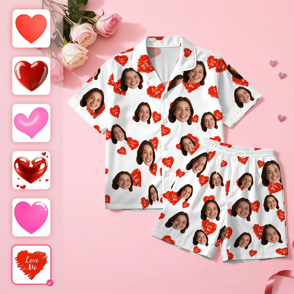 Custom Face Short Sleeve Pajamas Personalised Heart Face Couple Sleepwear Valentine Love Gifts For Her - MyFaceSocksAU