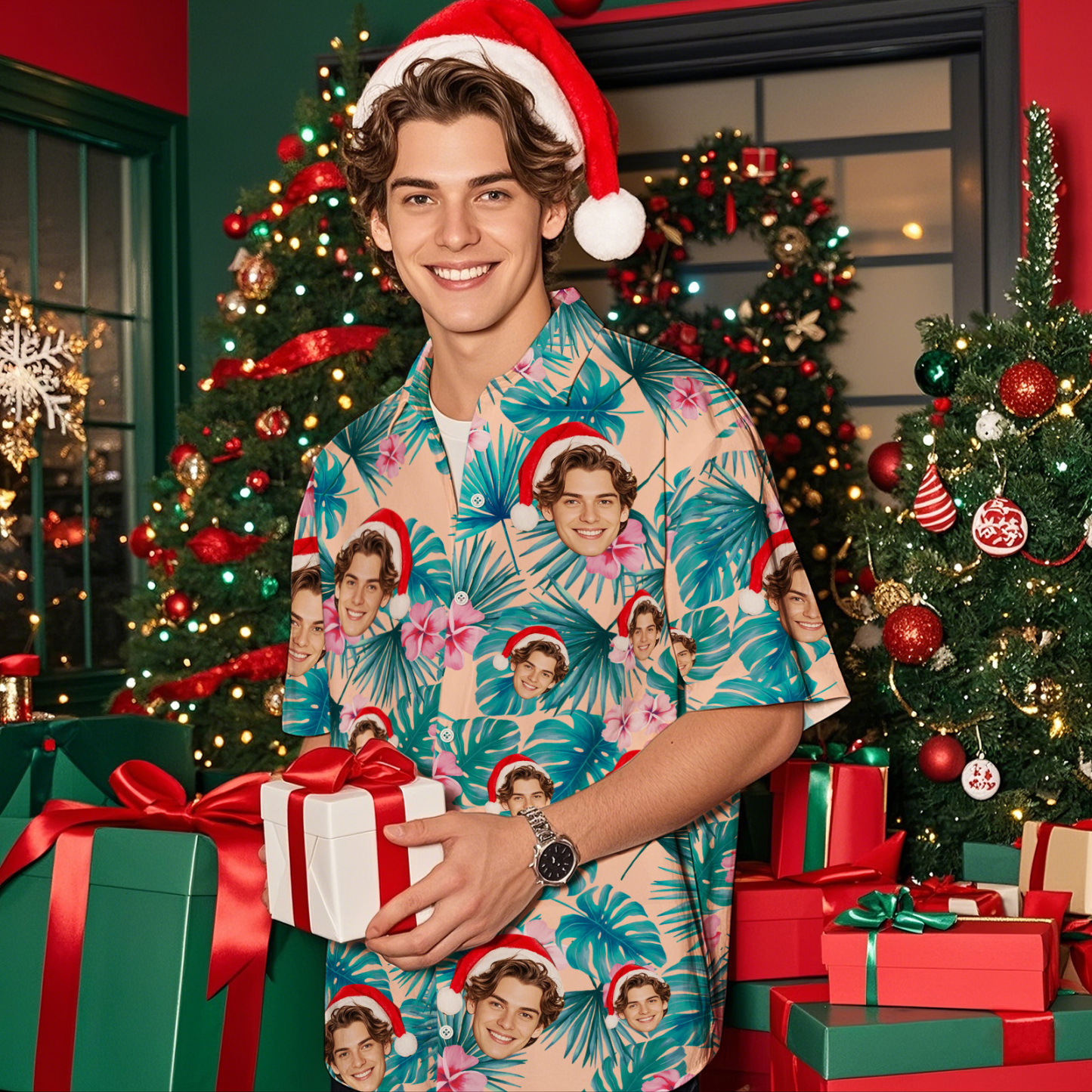 Custom Face Hawaiian Shirt Personalized Xmas Lights Flamingo Flowers And Leaves Beach Holiday Christmas Face Hawaiian Shirt - MyFaceSocksAU