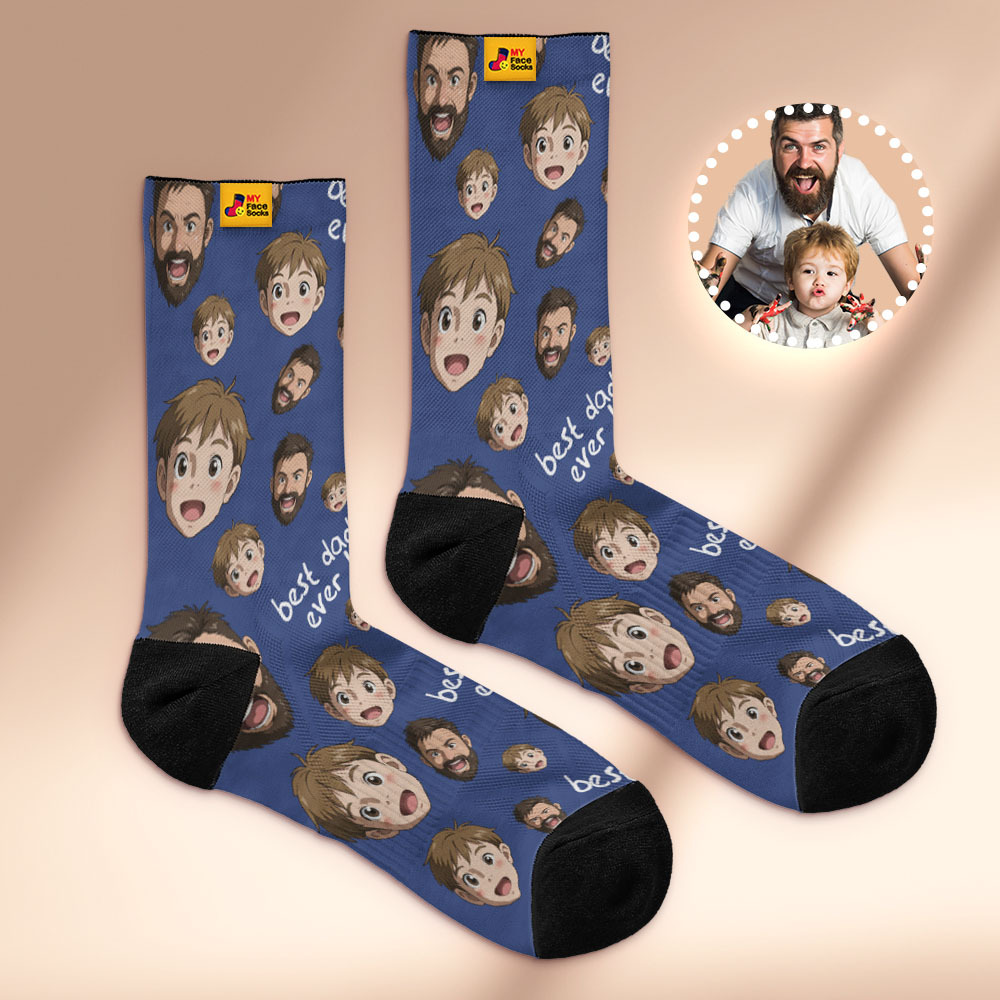 Custom Cartoon Dad Photo Print Socks Colorful Grey Blue Socks Personalized Custom Design Best Fathers Day Gift - MyFaceSocksAU