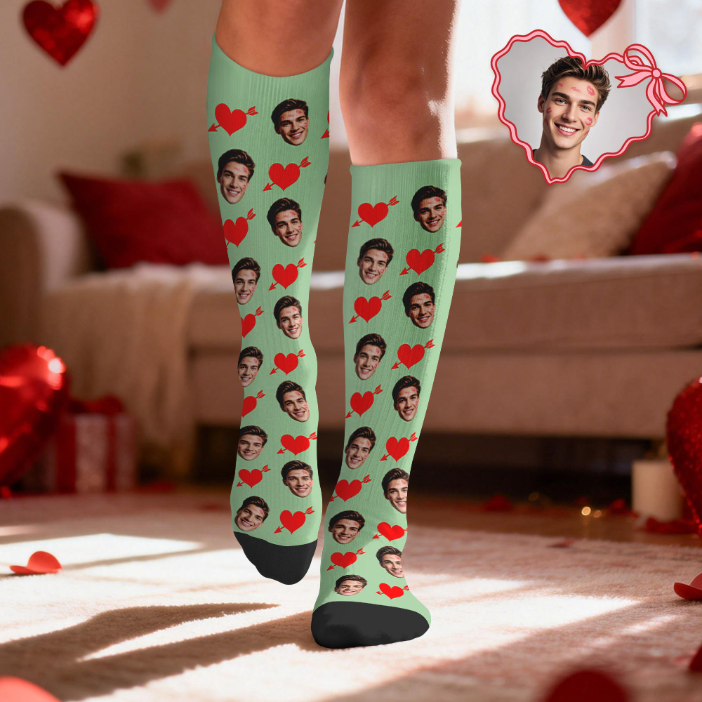 Custom Face Compression Socks Personalized Knee-High Socks with Photo Heart Face Gift for Him Her - MyFaceSocksAU