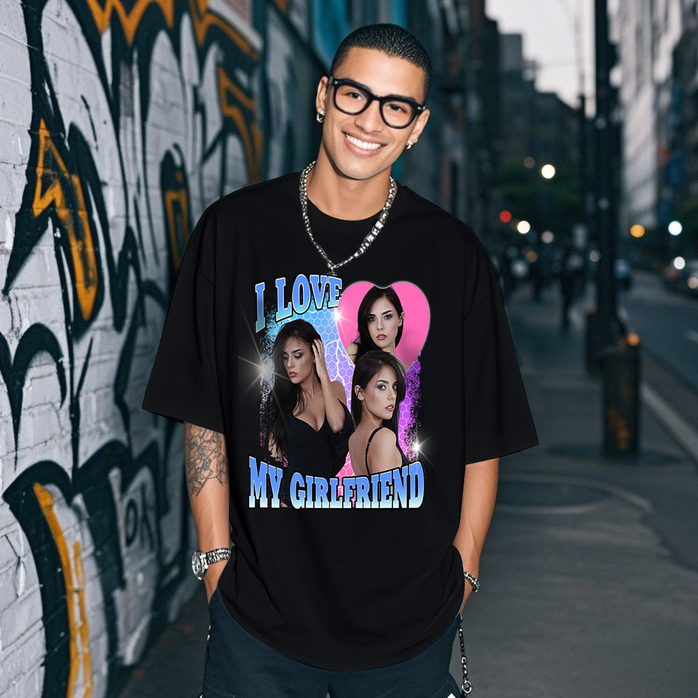 Custom Photo Tee Personalized Photo T Shirt I LOVE MY GIRLFRIEND Heart Couple Anniversary Valentine Gift - MyFaceSocksAU
