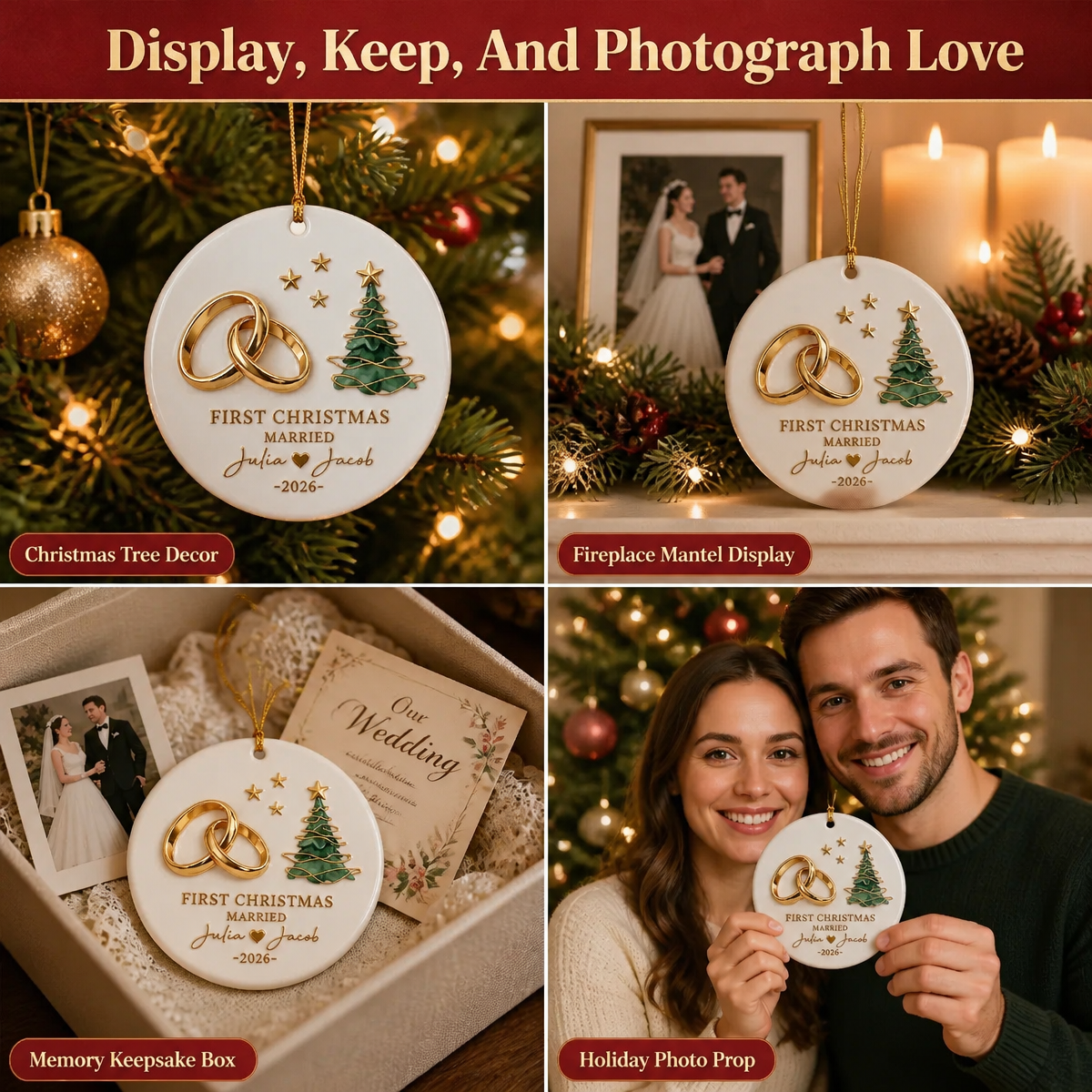 Personalized First Christmas Married Ornament for Newlyweds – Custom Name & Year Ceramic Tree Decoration Gift - MyFaceSocksAU
