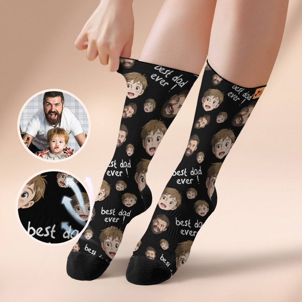Custom Cartoon Dad Photo Print Socks Colorful Grey Blue Socks Personalized Custom Design Best Fathers Day Gift - MyFaceSocksAU