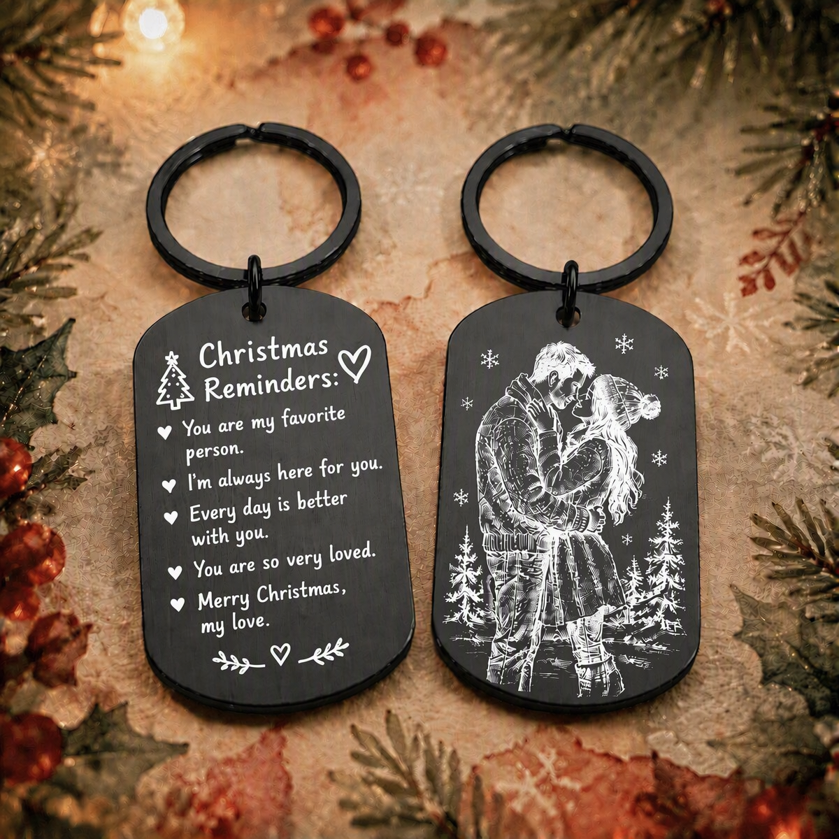 Personalized Christmas Keychain Gift for Couples  Engraved Message & Photo Stainless Steel Keyring - MyFaceSocksAU