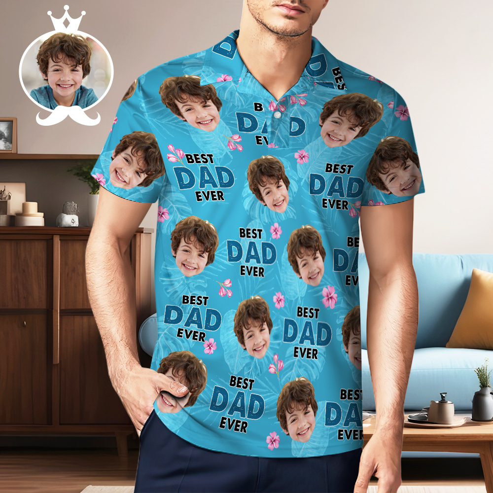 Custom Face Polo Hawaiian Blue Golf Polo Shirt Dad Beard Men's Polo Shirt Fathers Day Gift - MyFaceSocksAU