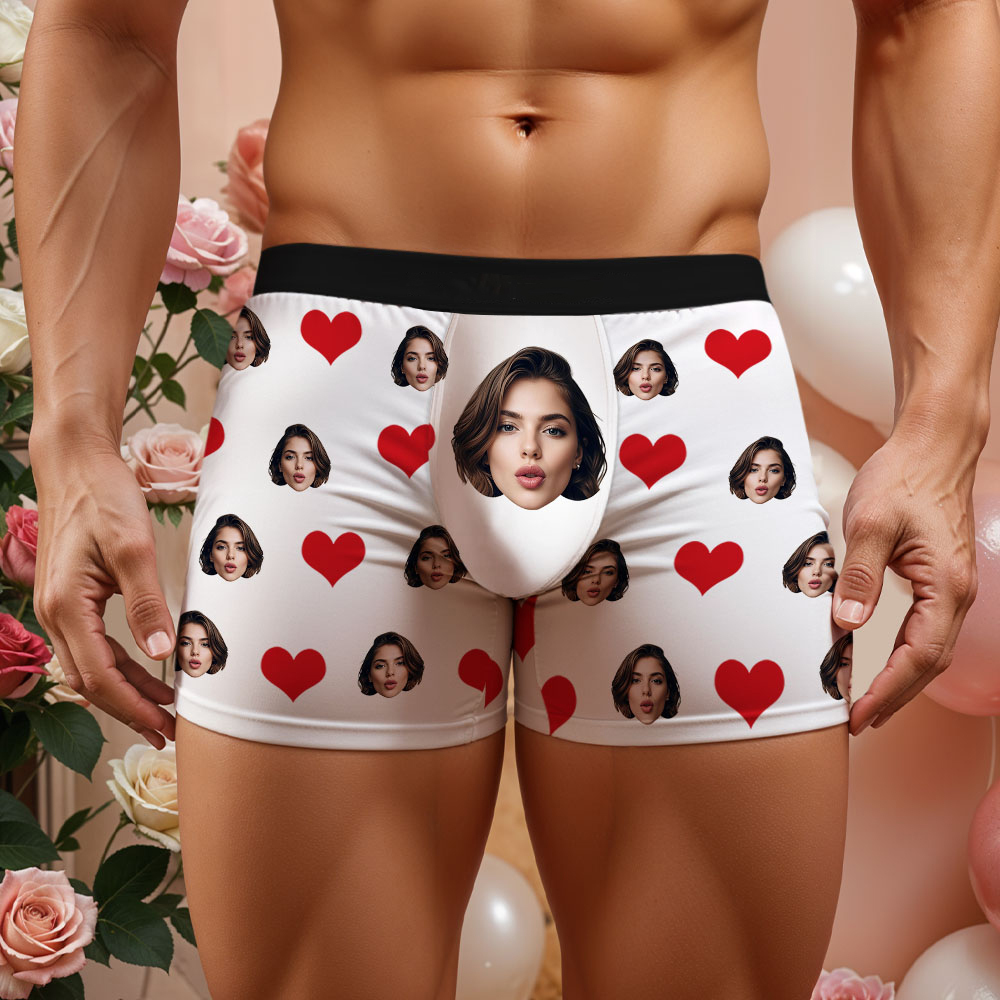 Custom Men's Face Boxer Red Heart Boxers Face Boxer Briefs Personalized Face Boxer Briefs Valentine's Day Underwear Gift - MyFaceSocksAU