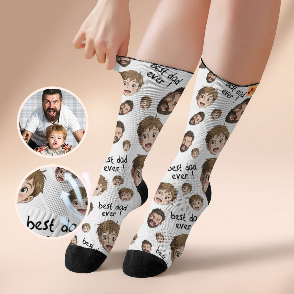 Custom Cartoon Dad Photo Print Socks Colorful Grey Blue Socks Personalized Custom Design Best Fathers Day Gift - MyFaceSocksAU