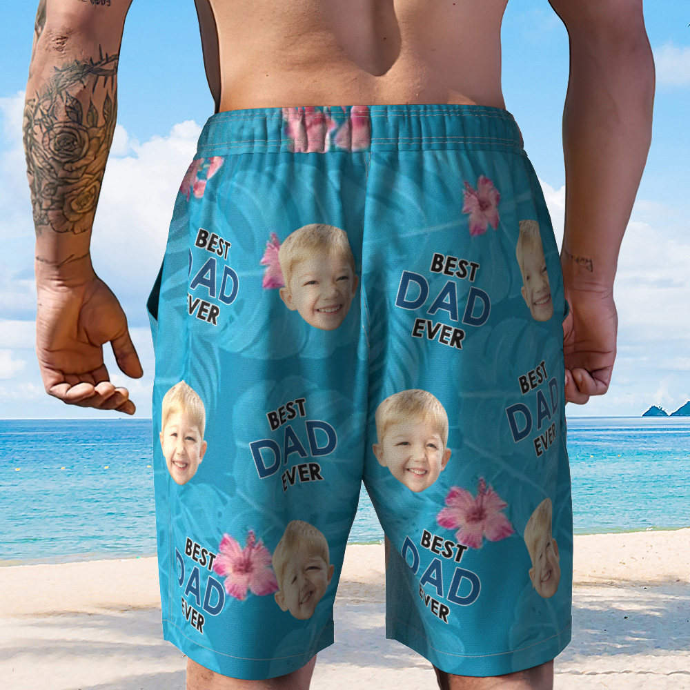 Personalized Face Mens Swim Trunks Custom Text Just A Dad and His Girl Tropical Swim Shorts for Dad - MyFaceSocksAU