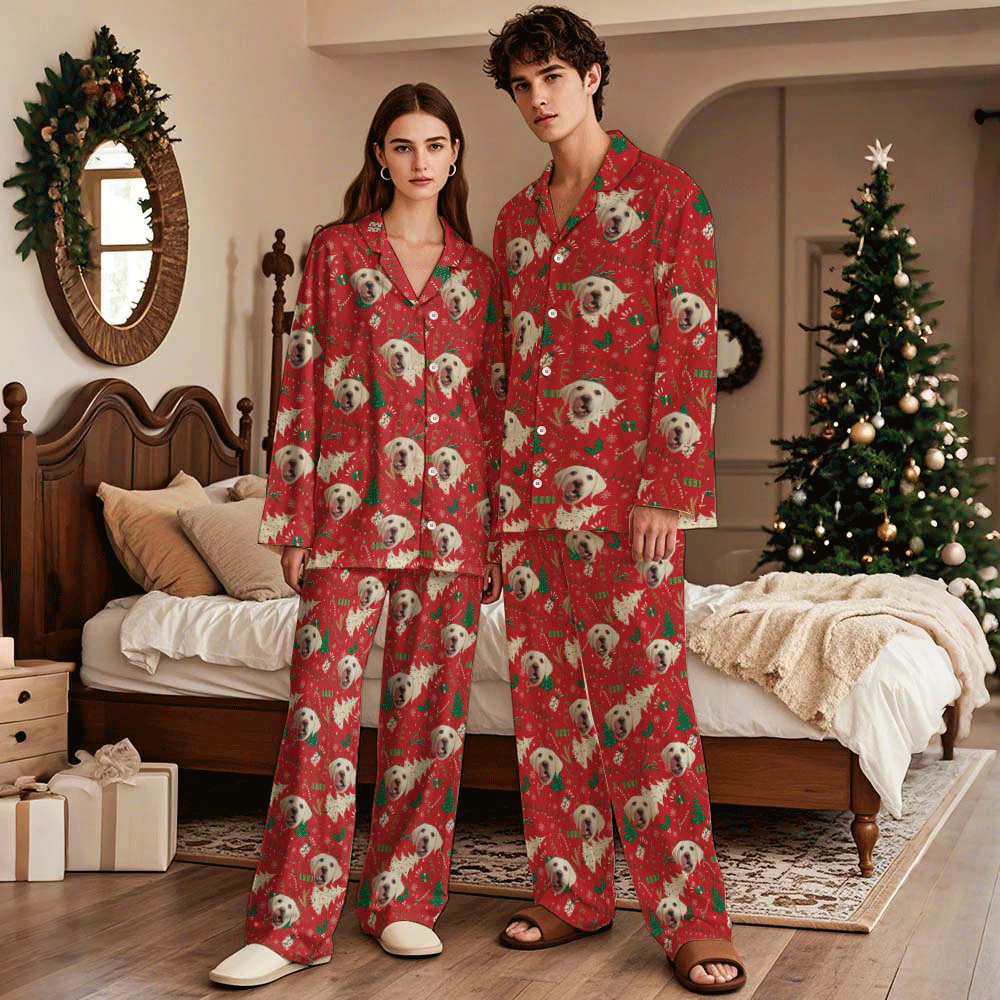 Custom Green Palm Tree Leaves Christmas Face Long Sleeve Pajamas Face Pajamas with Pet Face Personalized Photo Pajamas Gift - MyFaceSocksAU