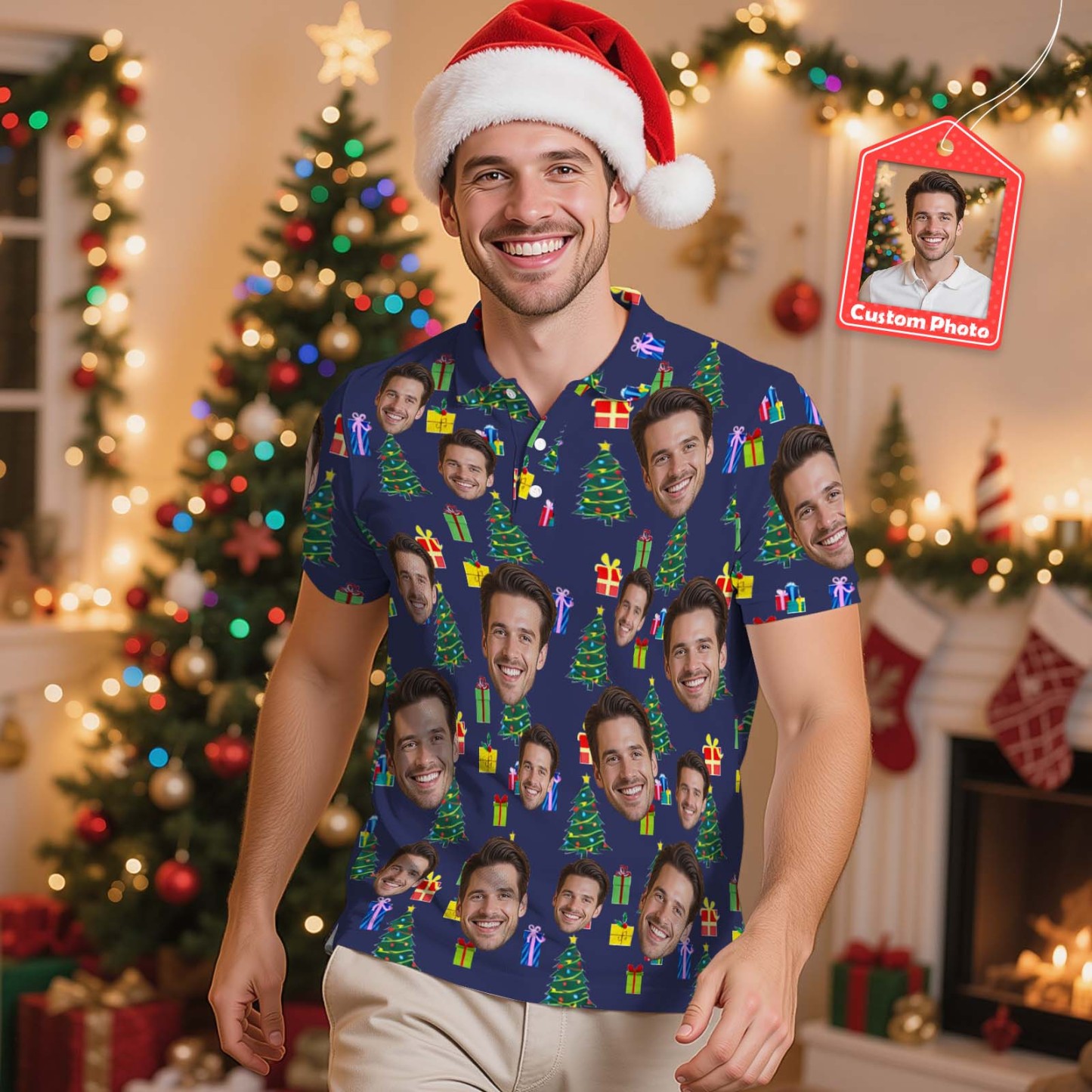 Personalized Christmas Light Tree Polo Shirt Festive Holiday Polo for Men Custom Face Christmas Tree Polo Shirt - MyFaceSocksAU