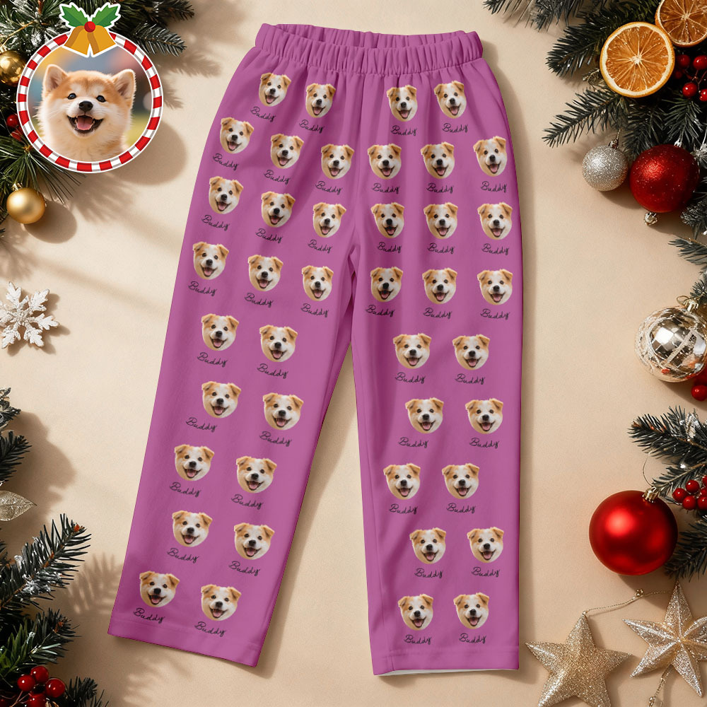Custom Pet Face Christmas Beige Pajamas Personalized Dog Cat Long Sleeve PJs with Name Perfect Holiday Gift for Pet Lovers - MyFaceSocksAU