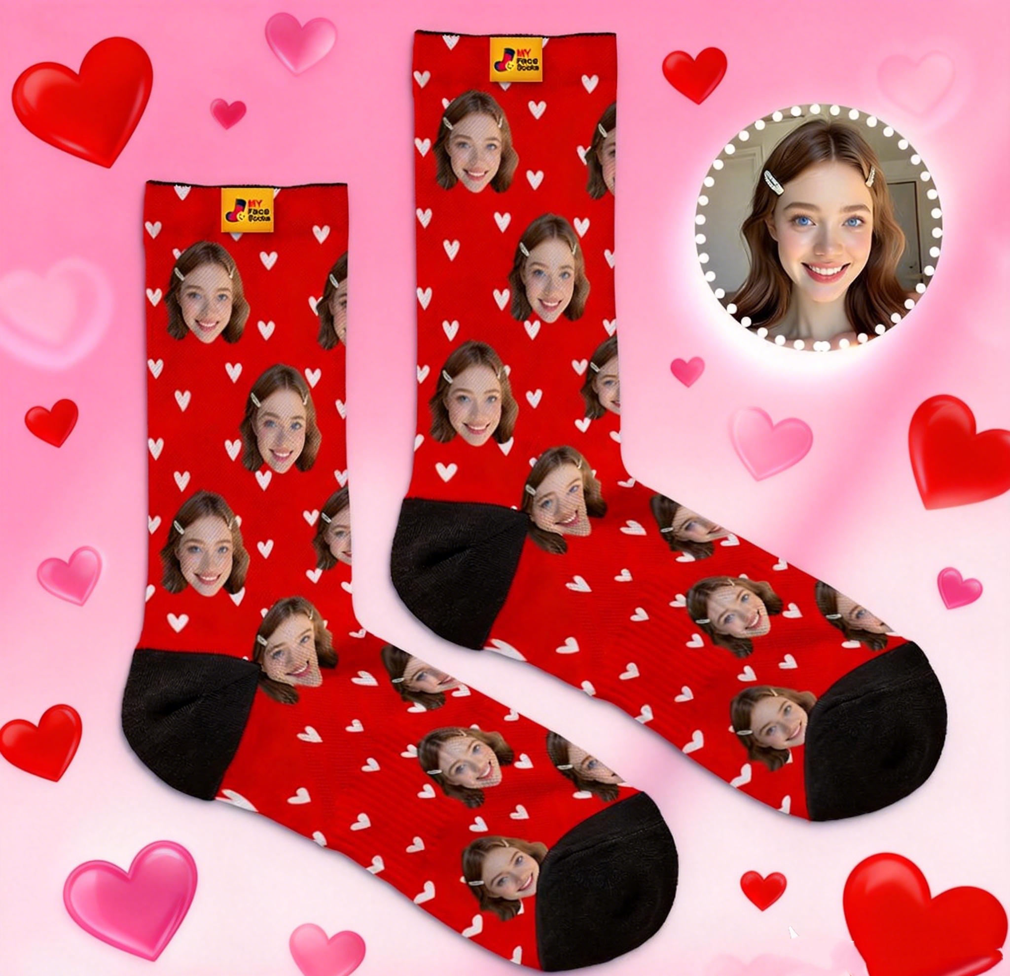 Custom Heart Face Socks Personalized Red Socks with Faces Photo Funny Gift Photo Couple Family Socks