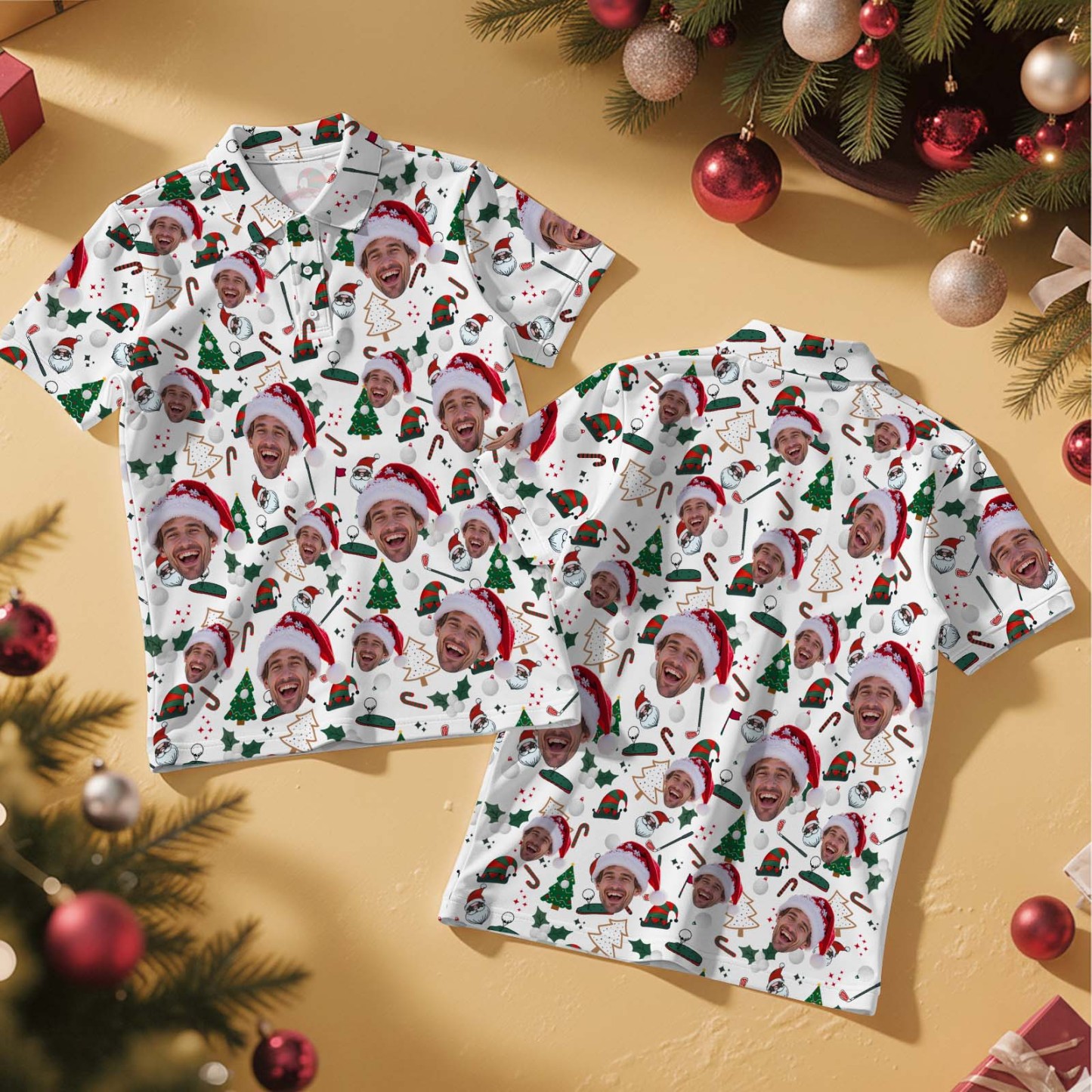 Personalized Christmas Light Tree Polo Shirt Festive Holiday Polo for Men Custom Face Christmas Tree Polo Shirt - MyFaceSocksAU